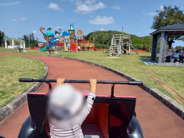 ファンシーサイクルに乗って公園内を移動する様子